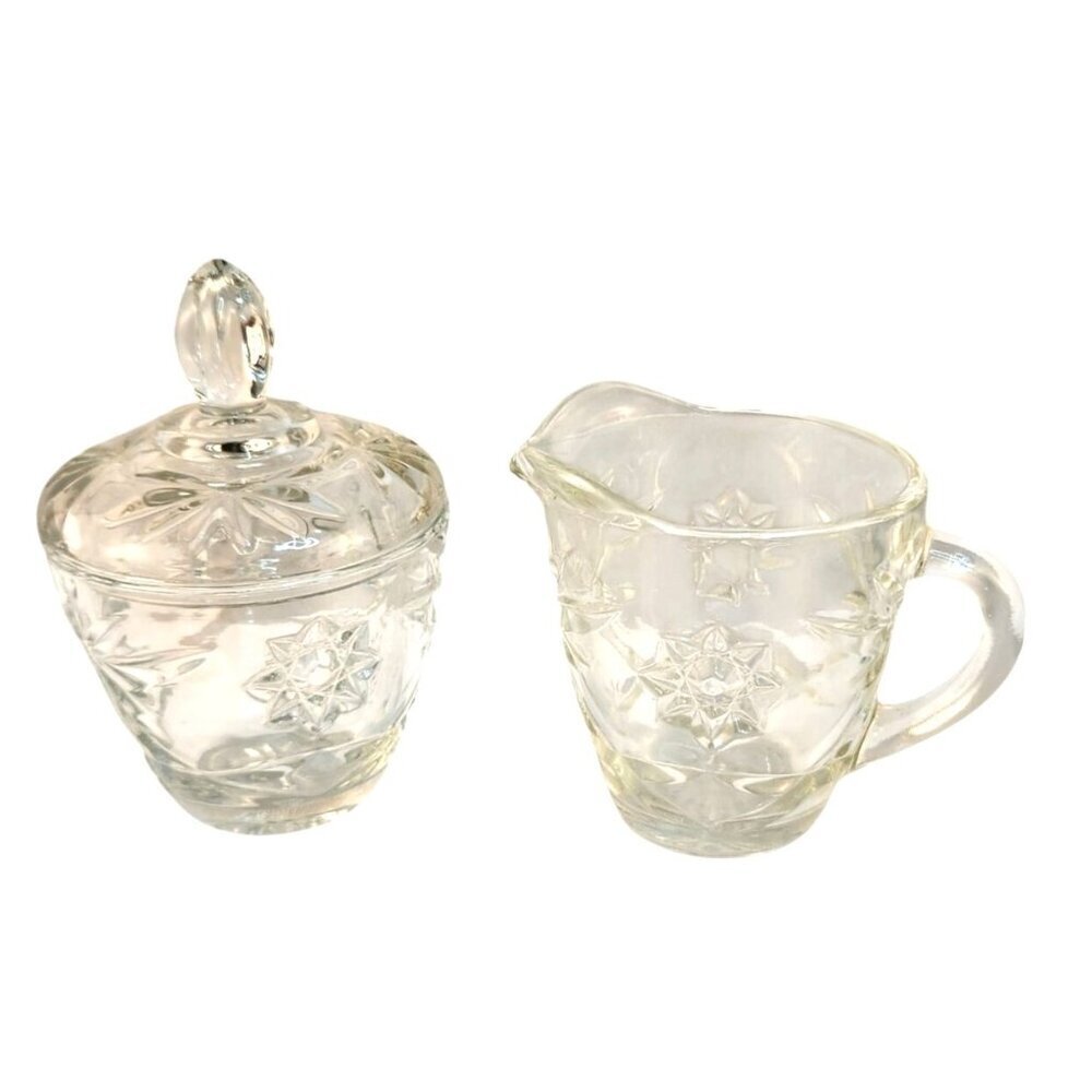 Anchor Hocking Early American Prescut Star Of David Clear Glass Creamer & Covere